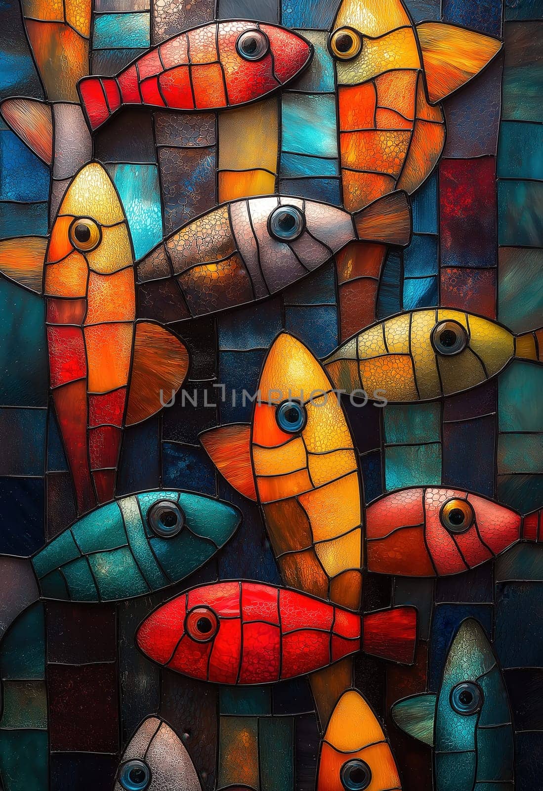 School of colorful fish on mosaic background. Selective focus.