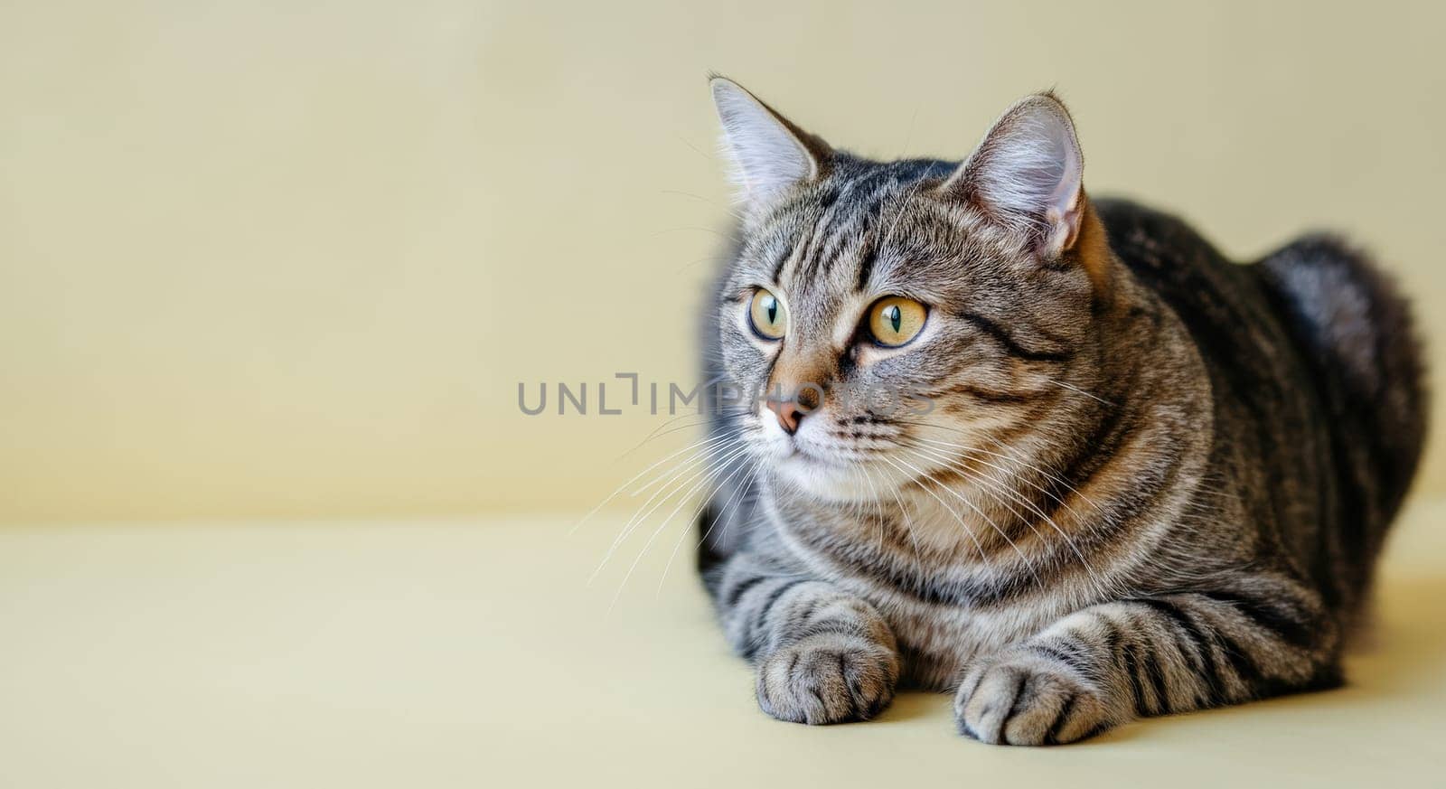 A domestic short-haired tabby cat with distinctive stripes and bright green eyes lying on a soft pale yellow surface. the cat appears calm and attentive, providing a serene and cozy scene, ideal for themes of relaxation and pet companionship.