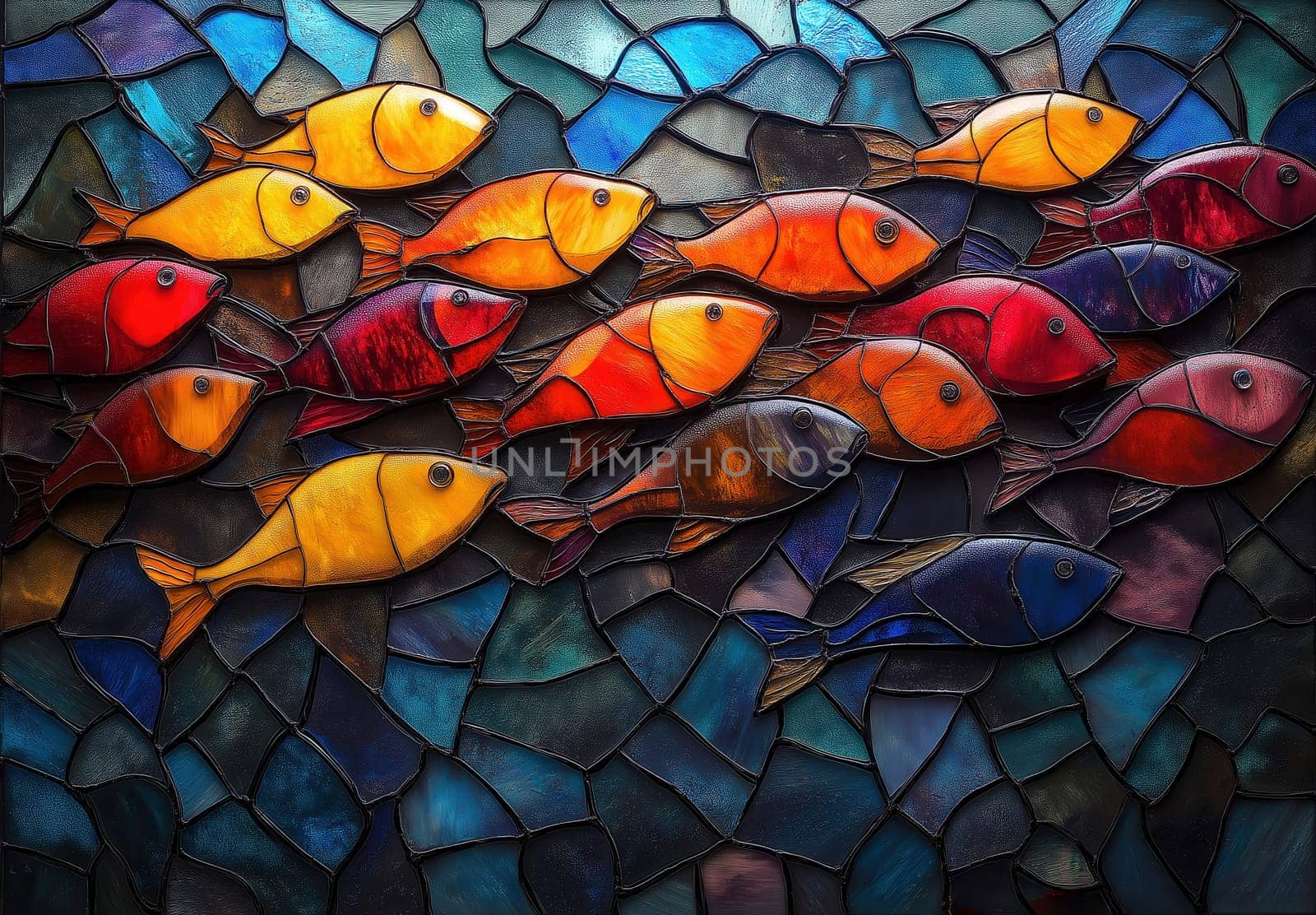 School of colorful fish on mosaic background. Selective focus.