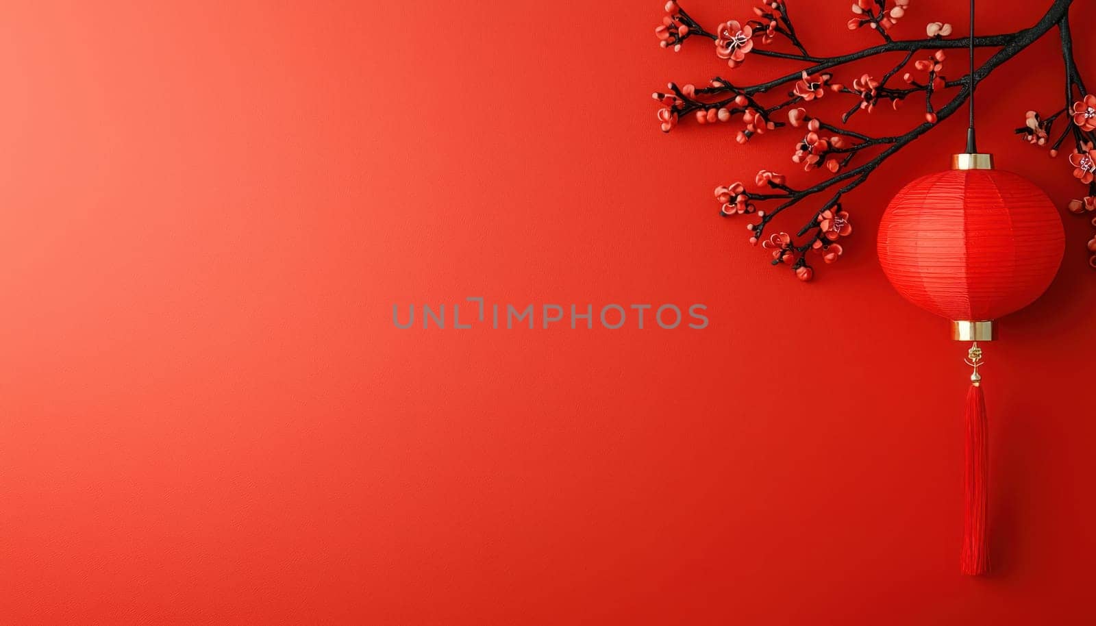 A vibrant red background features traditional lantern and cherry blossoms, symbolizing celebration and prosperity