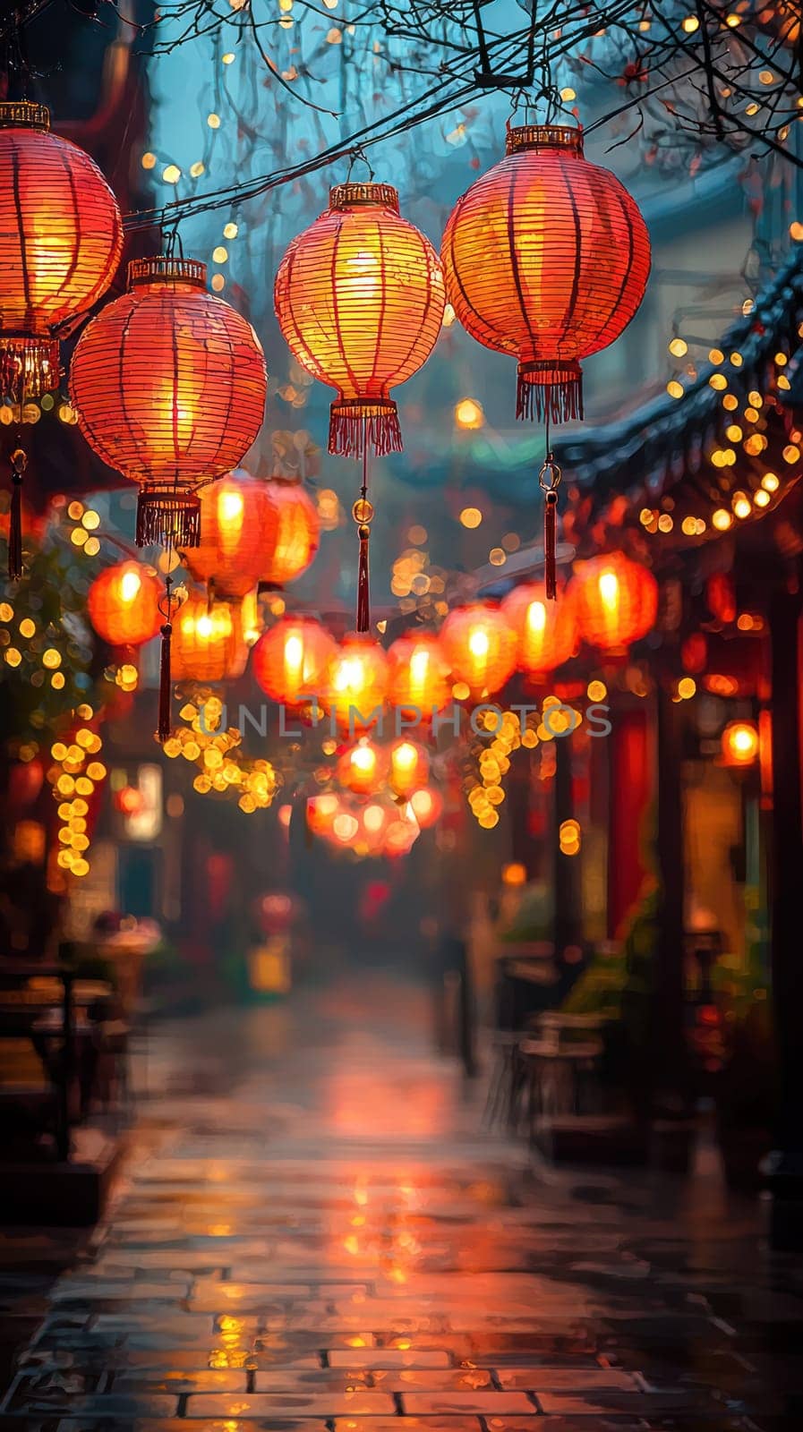 A vibrant street scene adorned with rows of hanging red lanterns, illuminated by soft lights, creating warm and inviting atmosphere