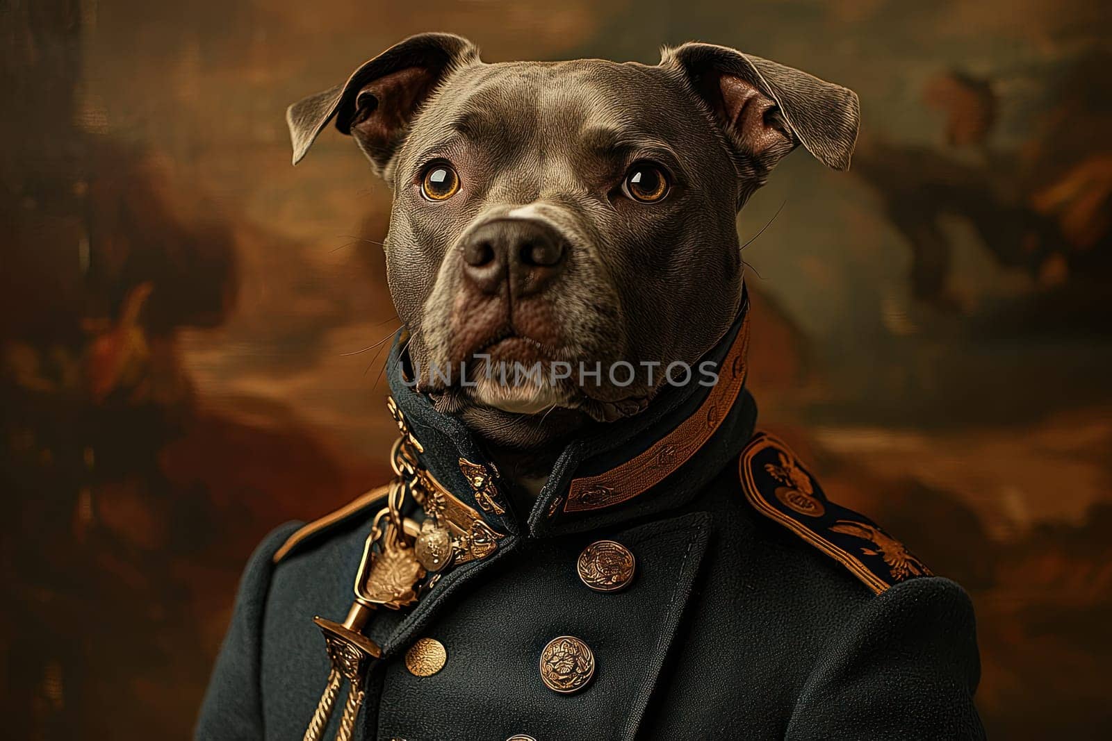 A proud large dog wearing vintage general uniform, exuding confidence and charm