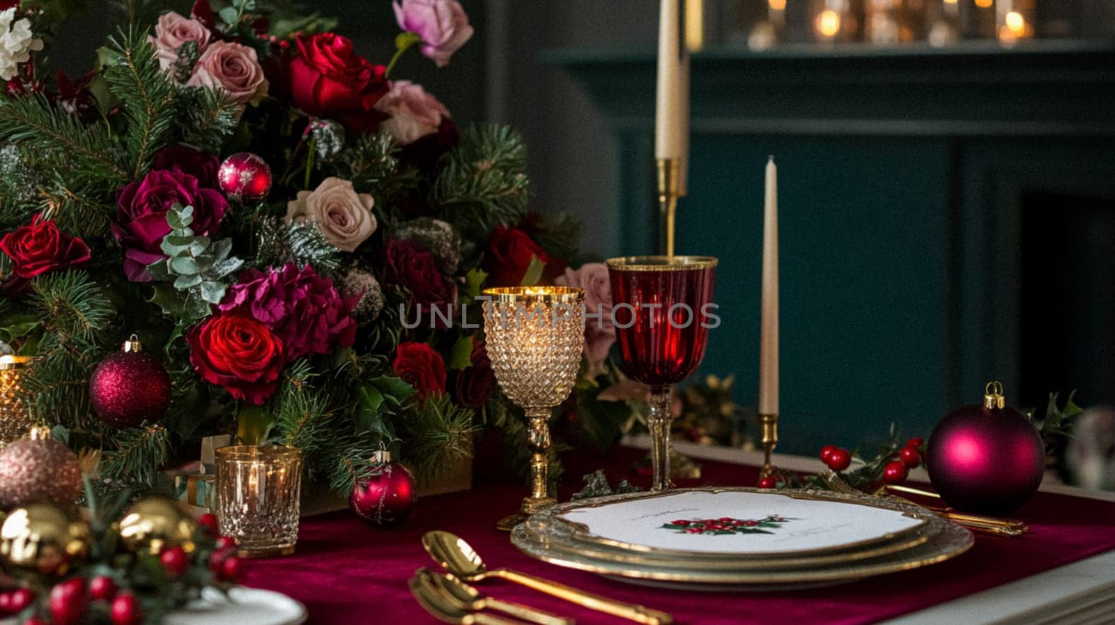 Christmas tablescape decoration, formal family dinner holiday celebration, luxury table setting decor, English country and home style idea