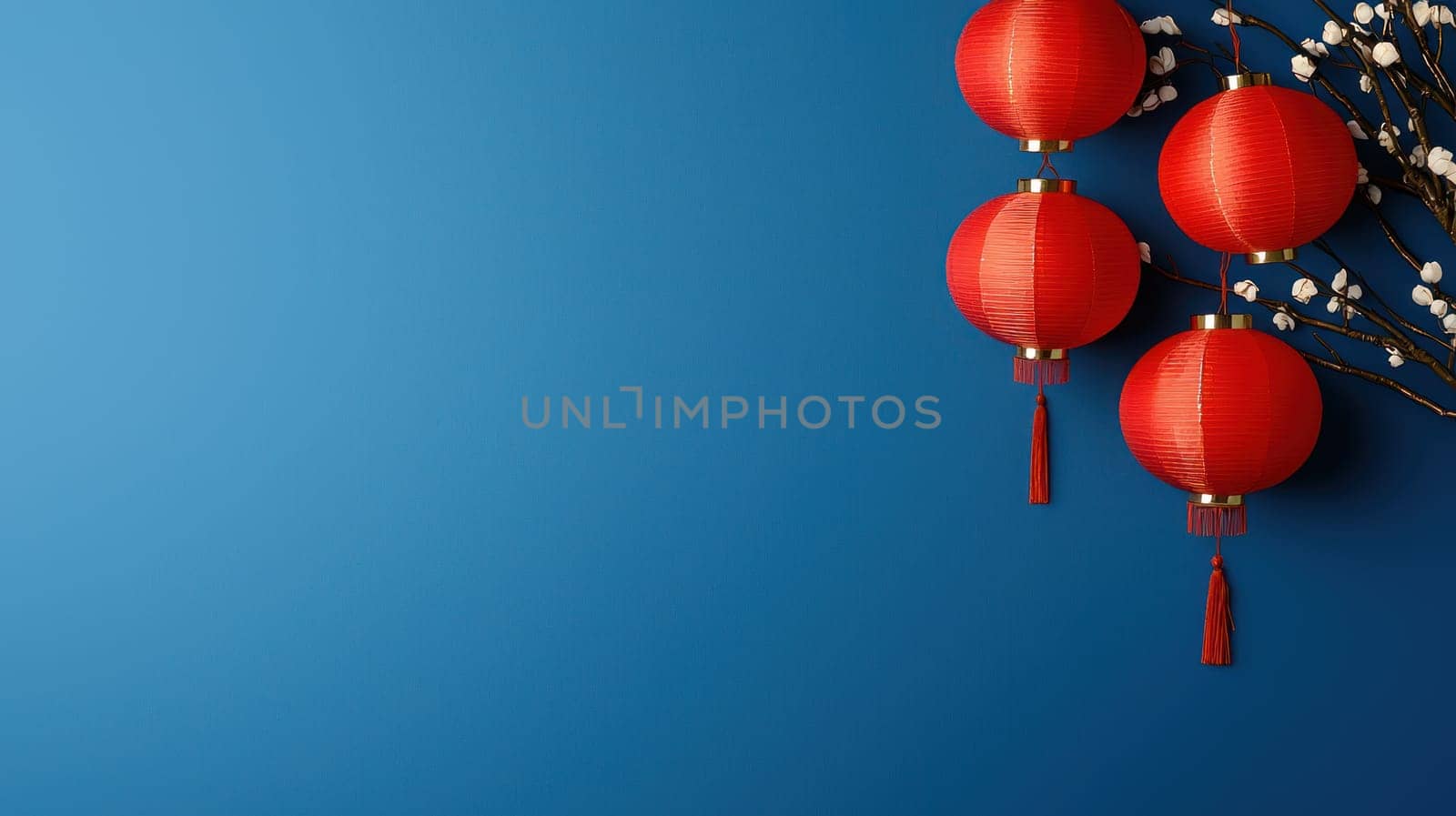 A Red lanterns hang against blue background, symbolizing celebration and joy. scene evokes festive atmosphere with touch of elegance