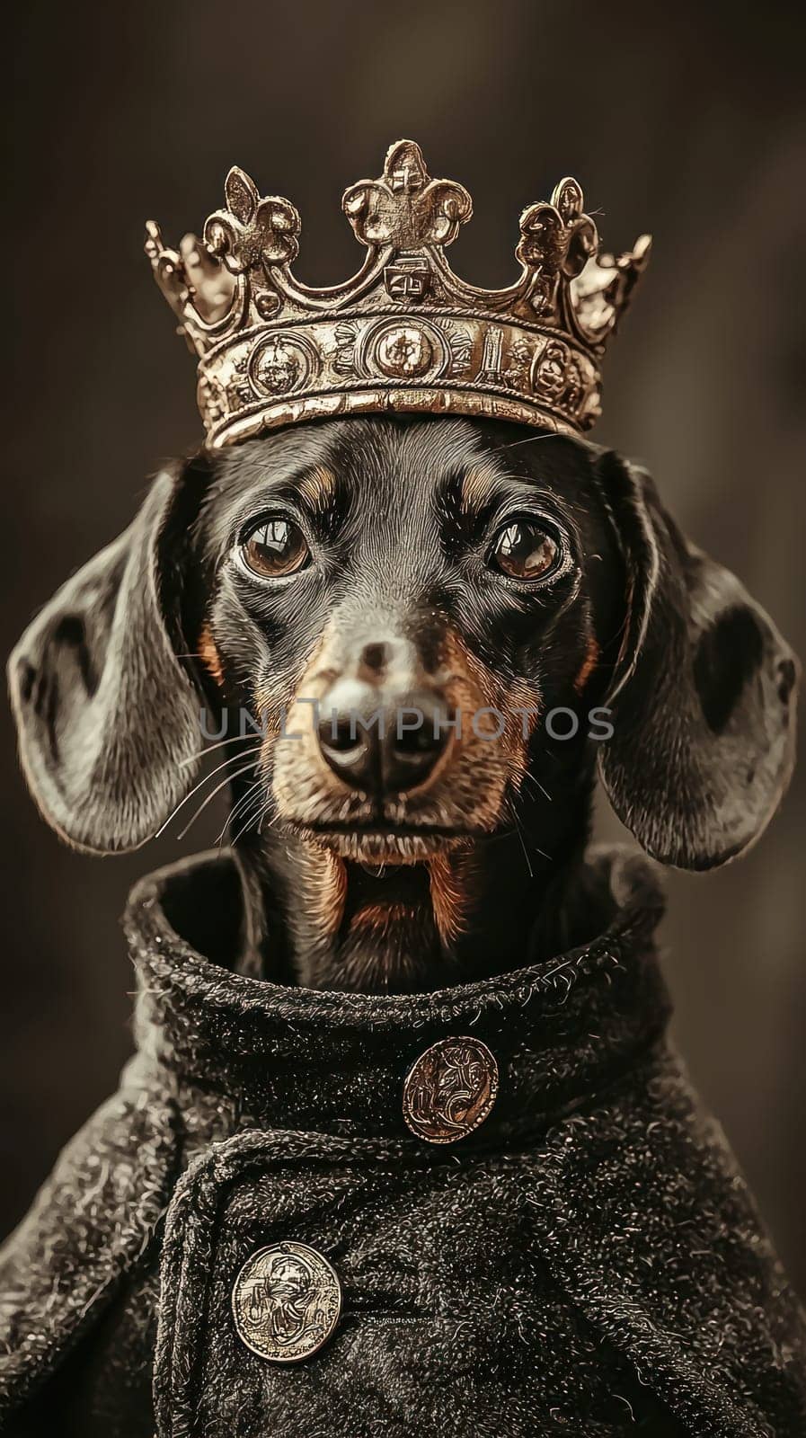 A dignified dachshund wearing tiny crown and elegant coat exudes royal charm