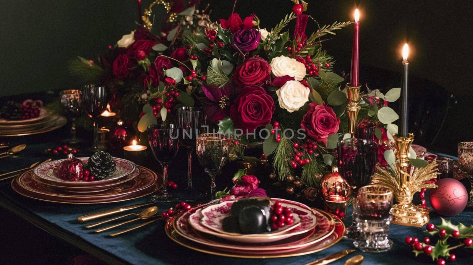 Christmas tablescape decoration, formal family dinner holiday celebration, luxury table setting decor, English country and home style idea