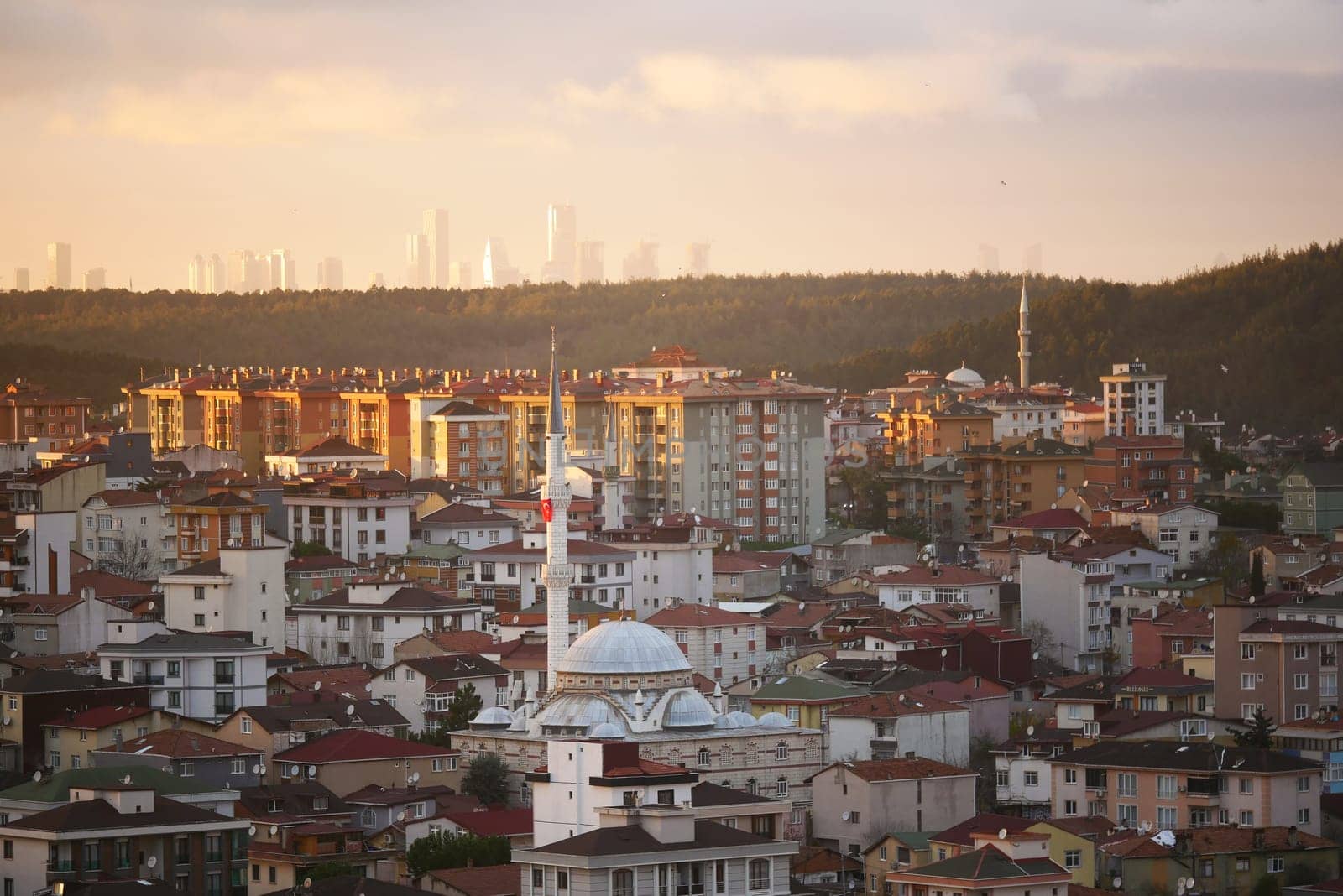 A beautiful scenic city view that showcases modern architecture alongside a mosque