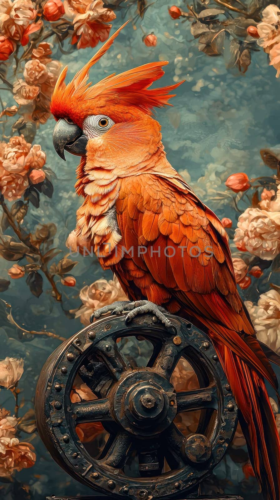 A vibrant orange parrot perched on vintage wheel, surrounded by floral patterns, exuding lively and artistic atmosphere
