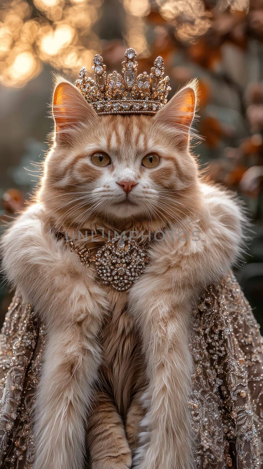 A Majestic cat wearing royal outfit with crown, exuding elegance and grace