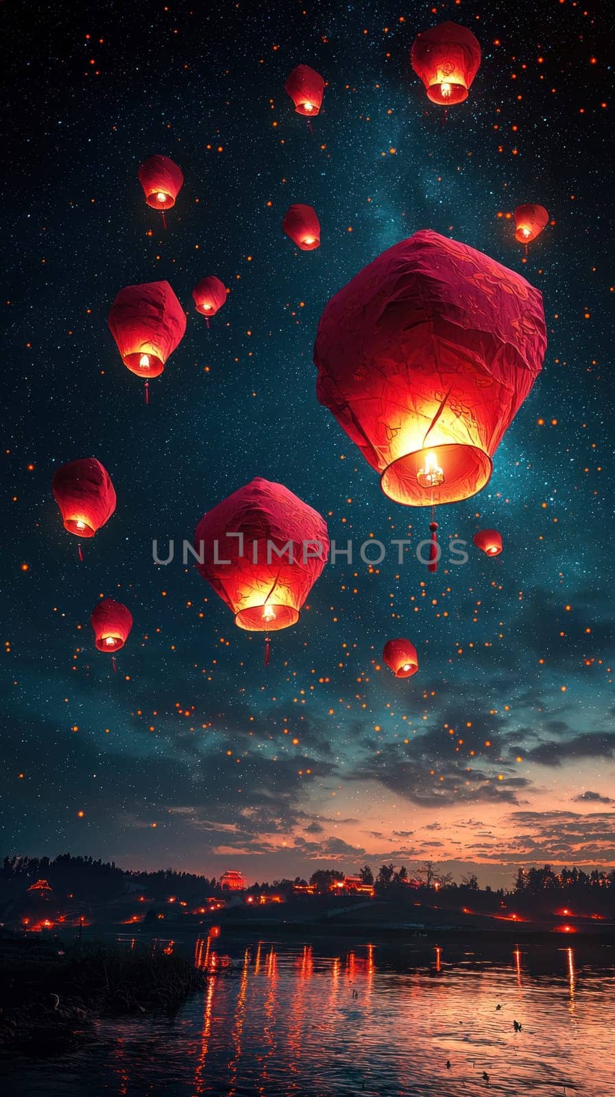 A serene night sky filled with glowing red lanterns illuminating water