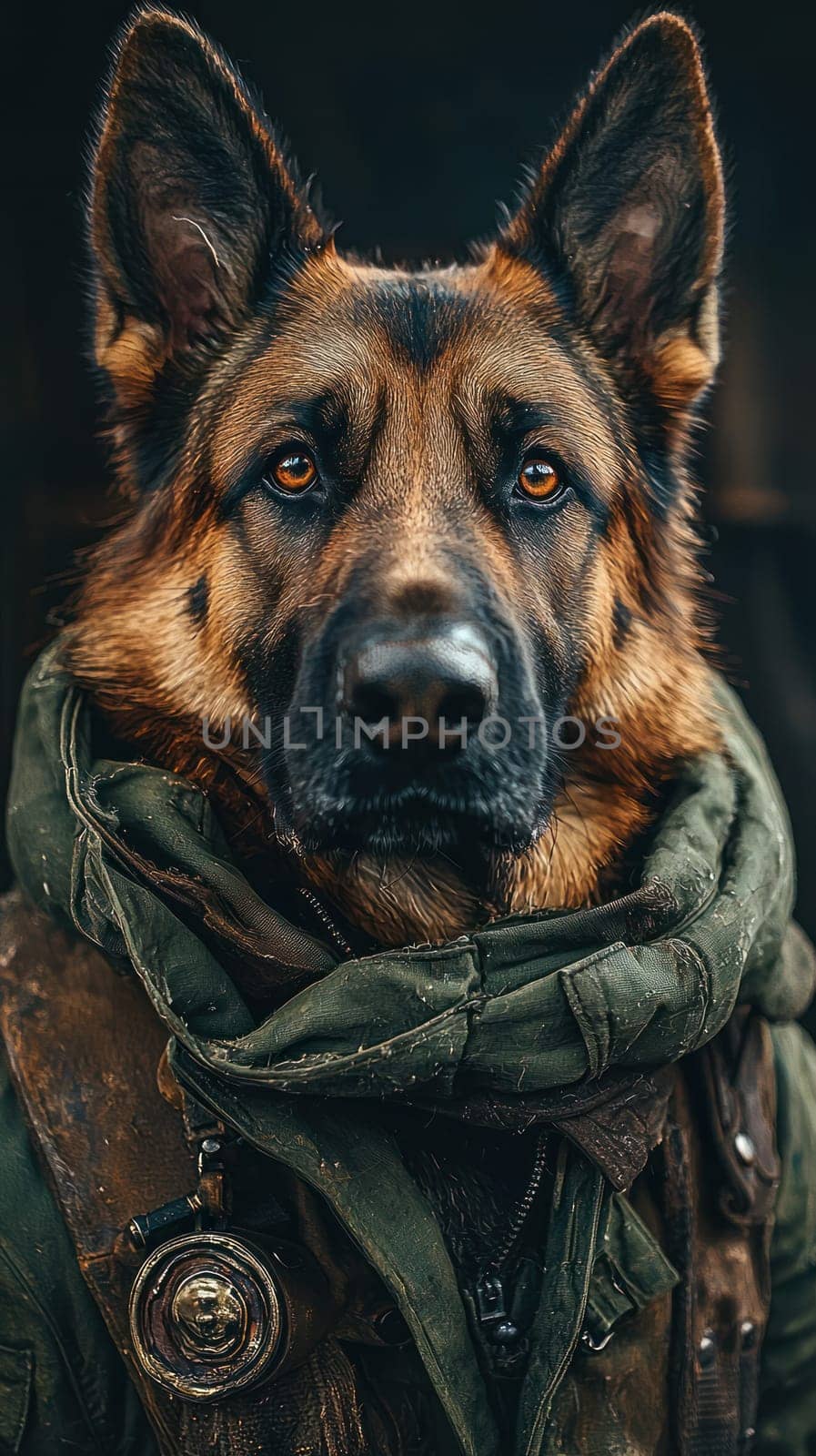 A heroic German Shepherd wearing rugged jacket and scarf, exuding strength and loyalty