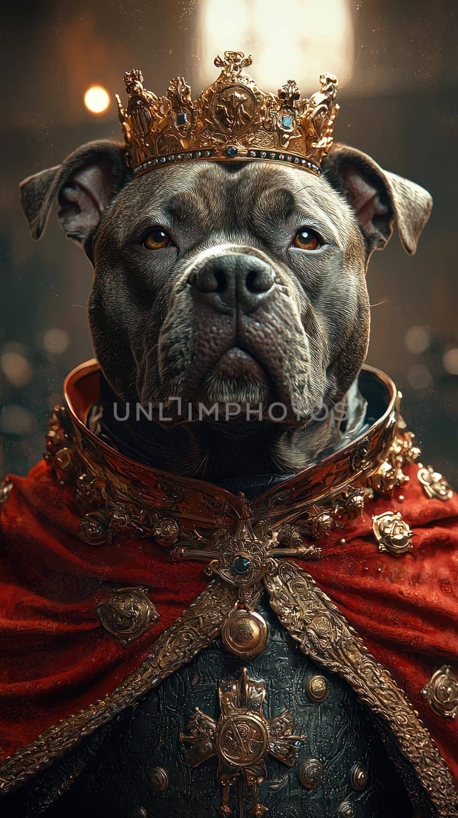 A regal dog wearing crown and royal attire, exuding majesty and confidence