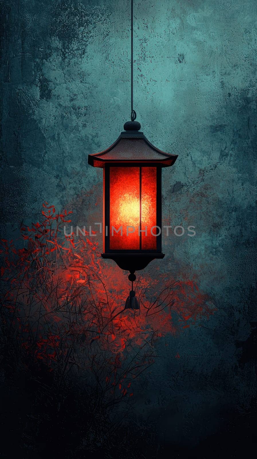 A glowing red lantern hangs against textured blue background, creating serene atmosphere. soft light illuminates nearby foliage, enhancing tranquil