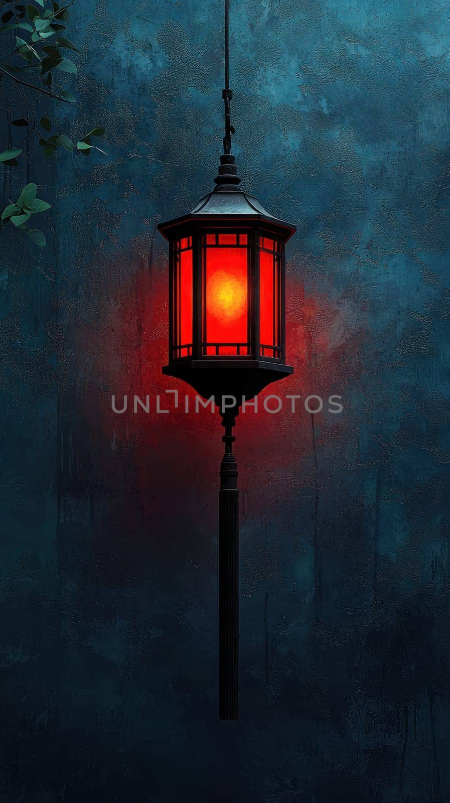 A striking red lantern illuminates textured blue wall, creating captivating atmosphere. warm glow contrasts beautifully with cool background
