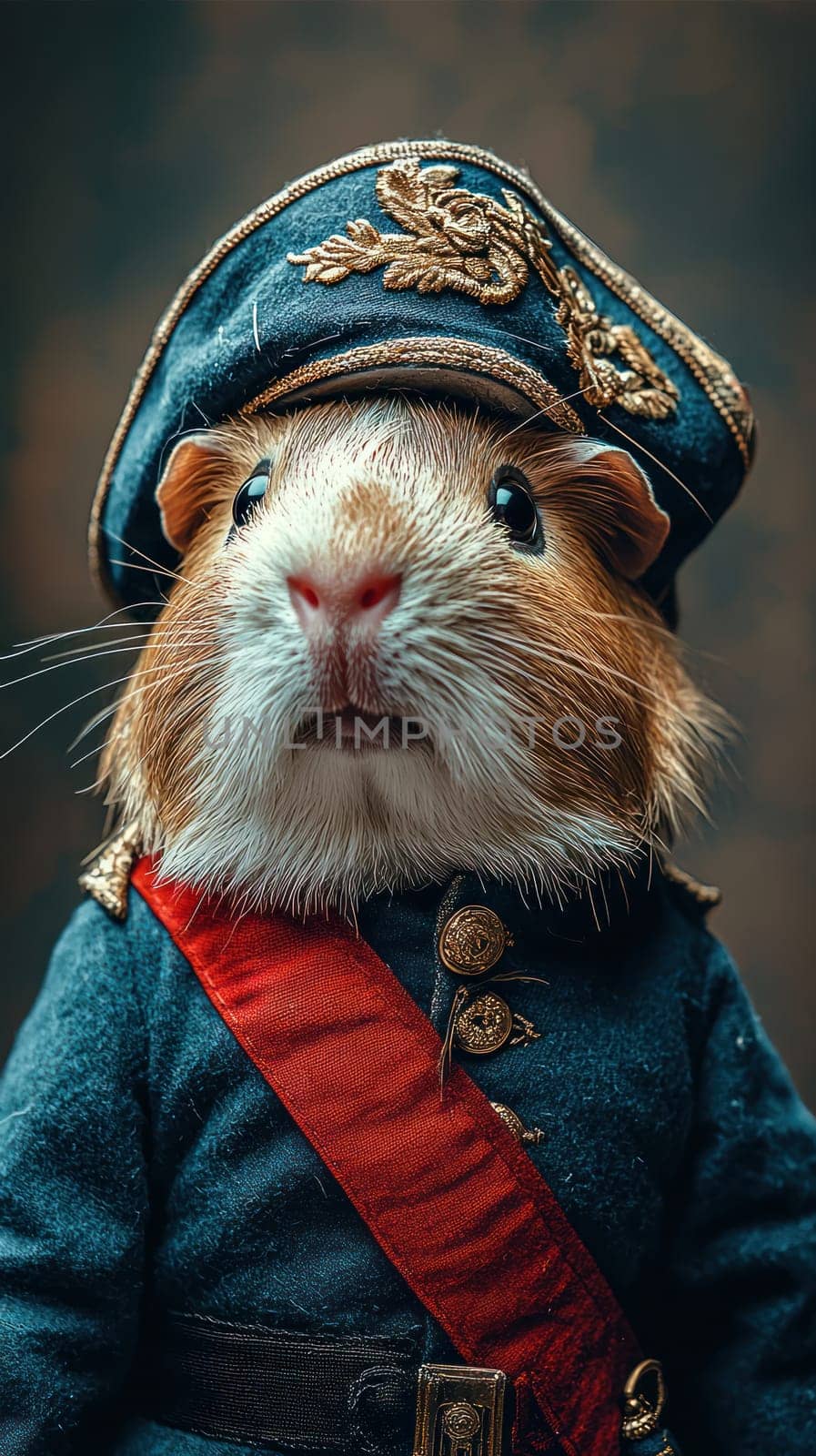 A guinea pig dressed in miniature general costume, exuding charm and whimsy