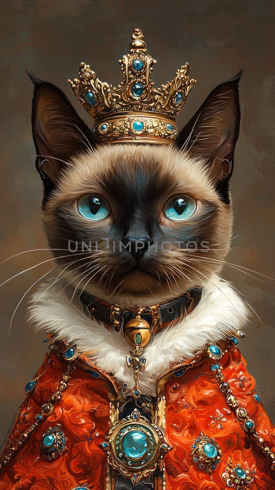 A regal Siamese cat wearing crown and royal robe, exuding majesty and charm