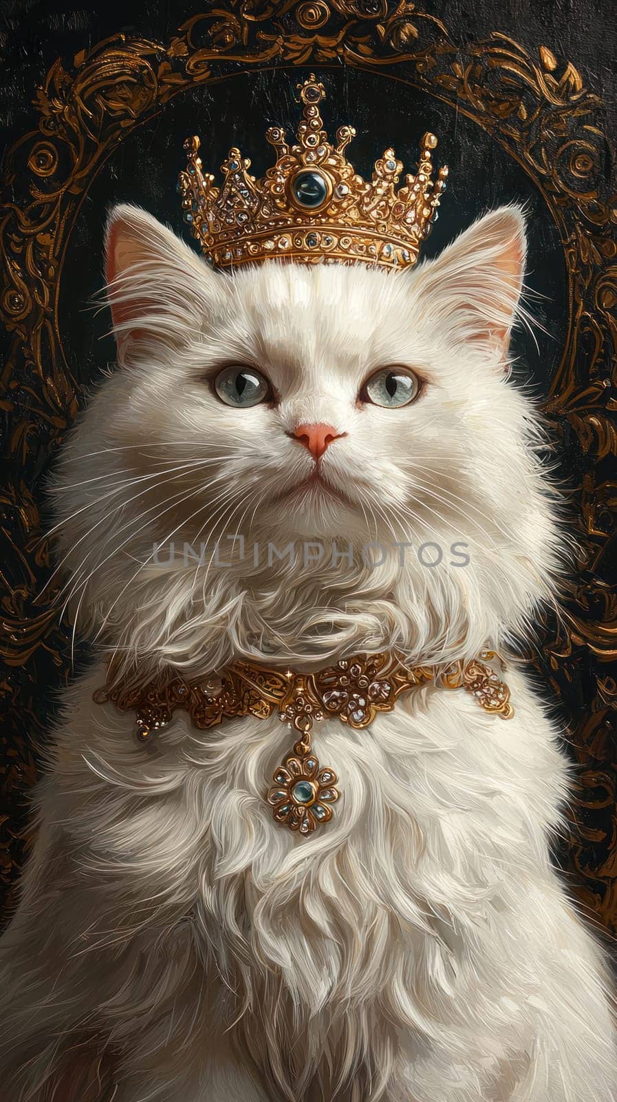 A Majestic white Persian cat wearing golden crown and necklace, exuding royal elegance and charm