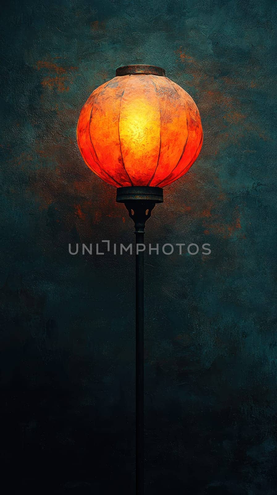 A glowing red lantern stands against textured dark background, creating warm and inviting atmosphere
