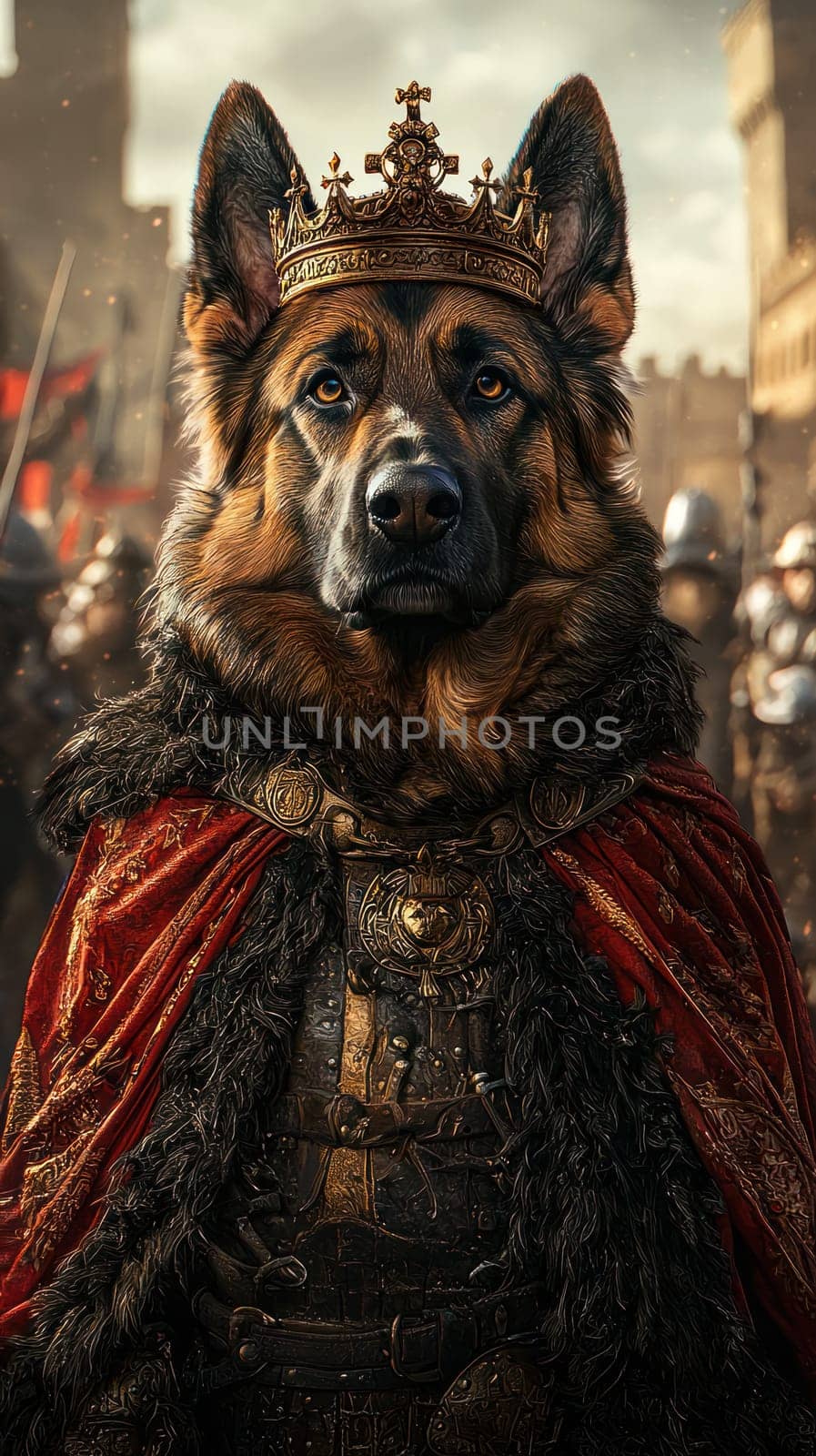 A majestic dog wearing crown and royal attire stands confidently, exuding power and nobility. background features medieval setting with soldiers