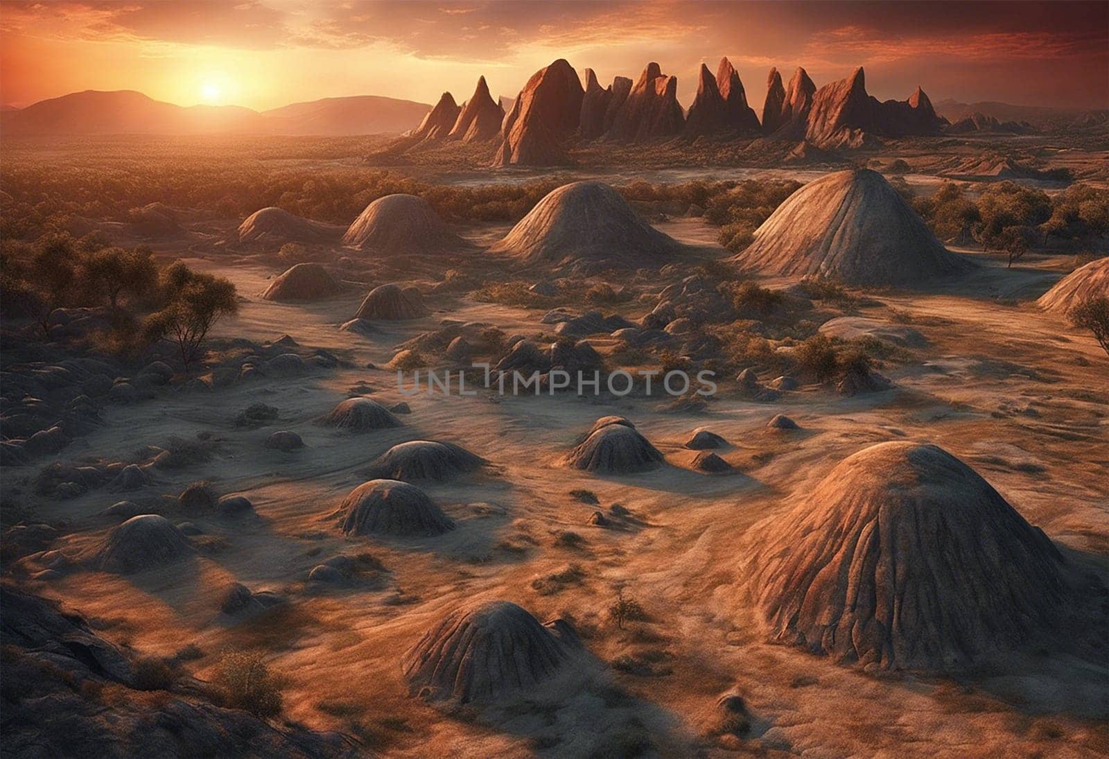 Beautiful prehistoric landscape at dinosaur ere at sunset - Generative ai