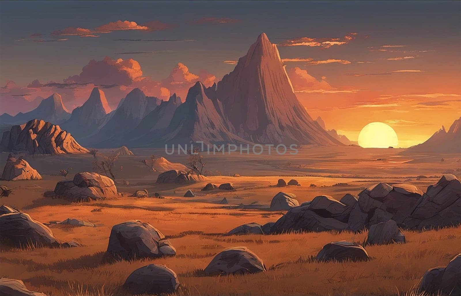 Beautiful prehistoric landscape at dinosaur ere at sunset - Generative ai