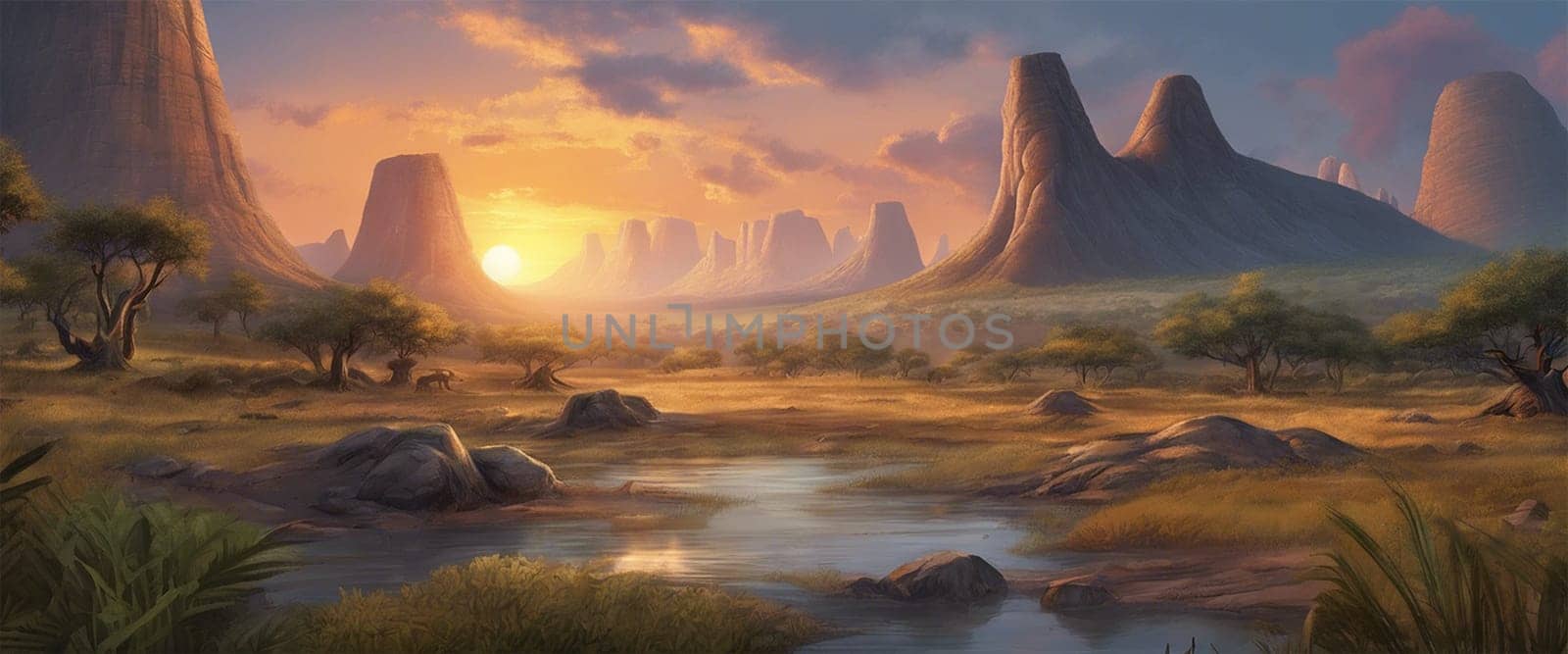 Beautiful prehistoric landscape at dinosaur ere at sunset - Generative ai