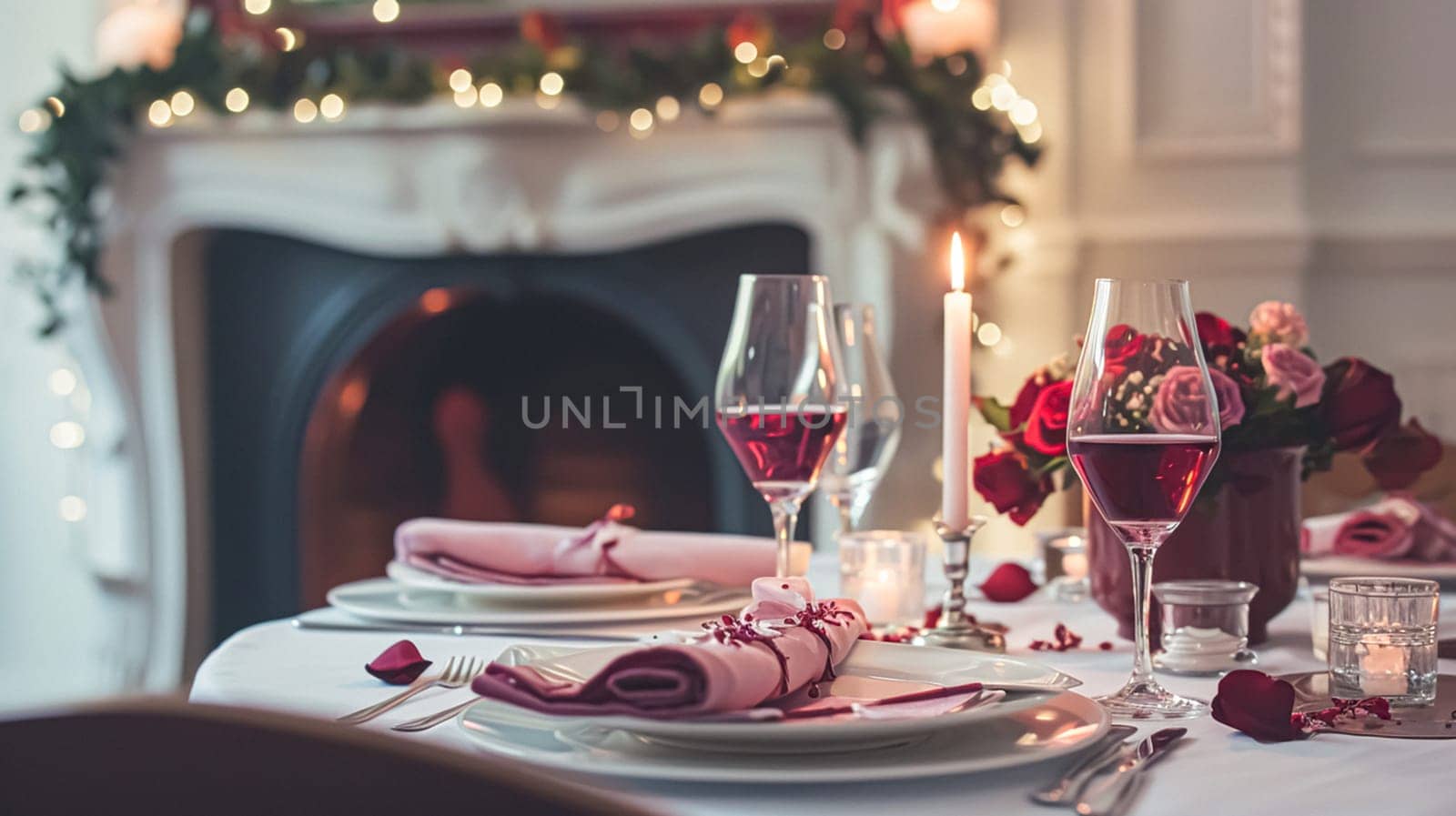 Festive table setting with candles and arrangement of beautiful red flowers. Holiday concept. High quality photo