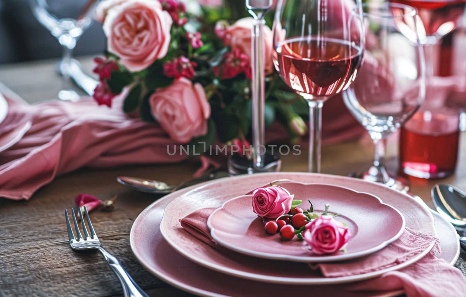 Festive table setting with candles and arrangement of beautiful red flowers. Holiday concept. High quality photo