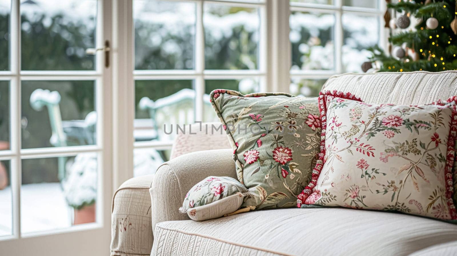 Colorful pillows on sofa against glass wall of window in a winter garden or conservatory. Interior textile concept. High quality photo