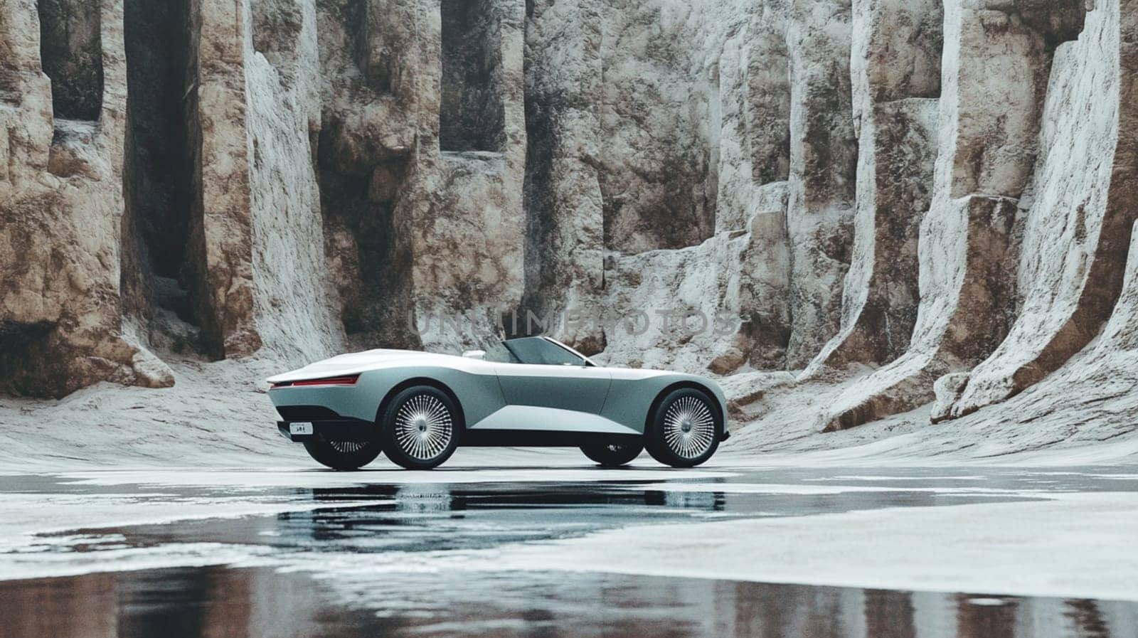 Sleek silver concept car parked next to a concrete wall, reflecting in wet pavement, exudes power and speed with modern, futuristic design