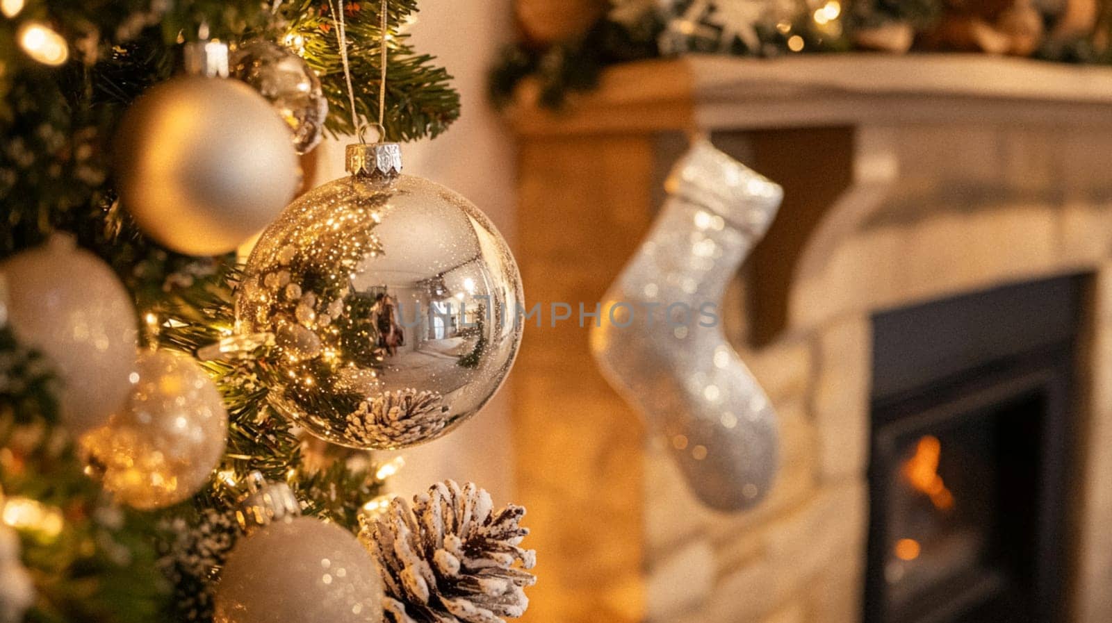 Christmas, holiday decor and country cottage style, cosy atmosphere, decorated Christmas tree in the English countryside house living room with fireplace, interior decoration idea