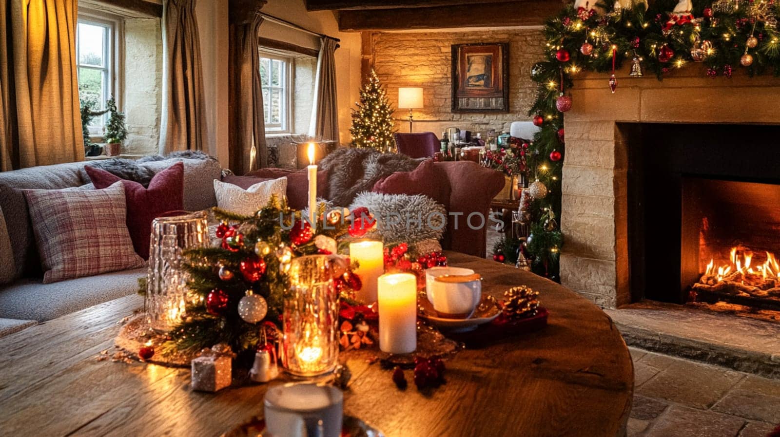 Christmas, holiday decor and country cottage style, cosy atmosphere, decorated Christmas tree in the English countryside house living room with fireplace, interior decoration idea