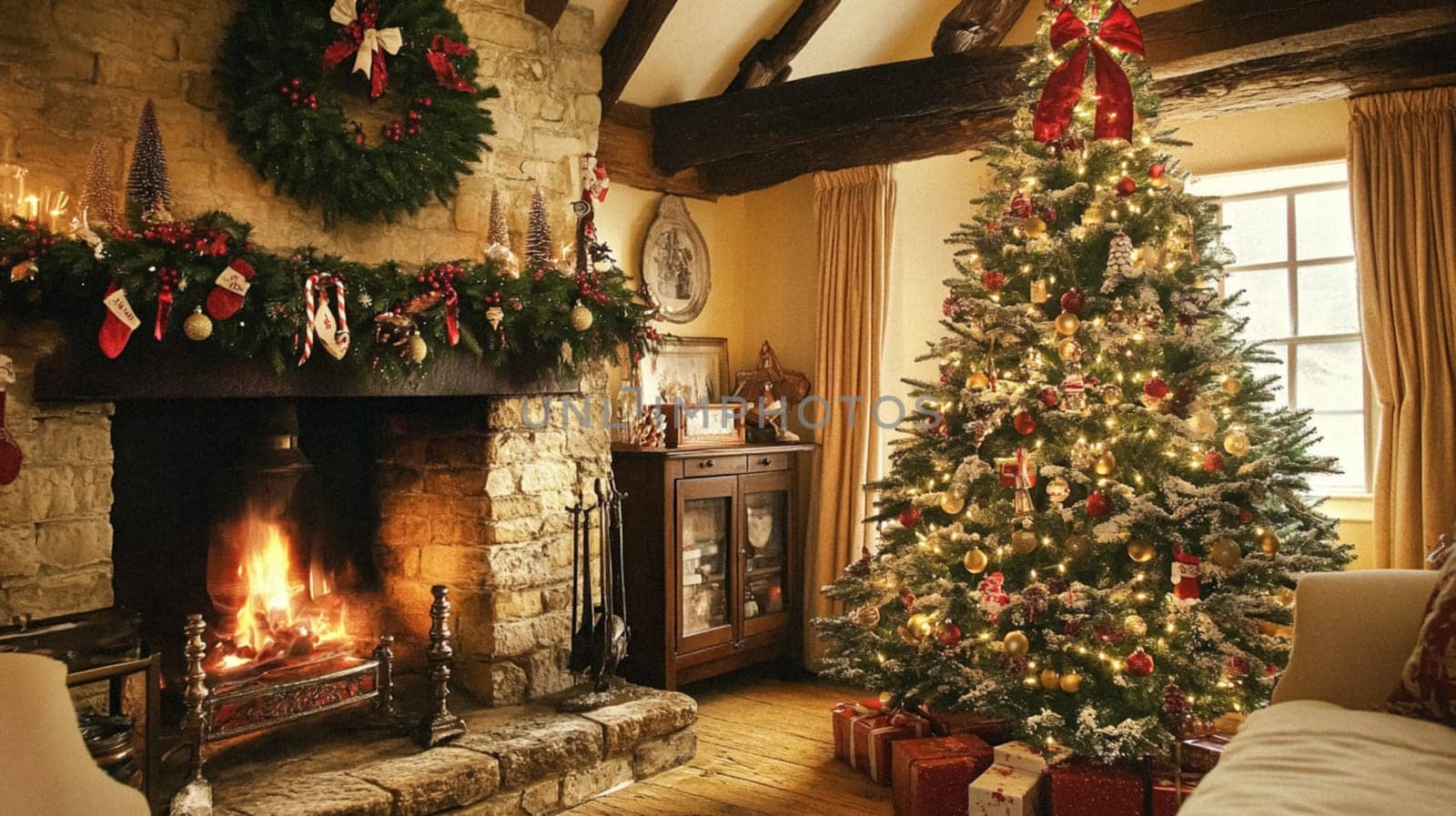 Christmas, holiday decor and country cottage style, cosy atmosphere, decorated Christmas tree in the English countryside house living room with fireplace, interior decoration idea