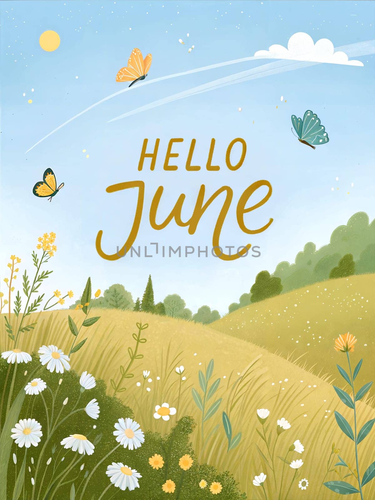 Hello June, welcome June typography. Cozy spring illustration for greetings card, poster, calendar name, or month name. ai generated