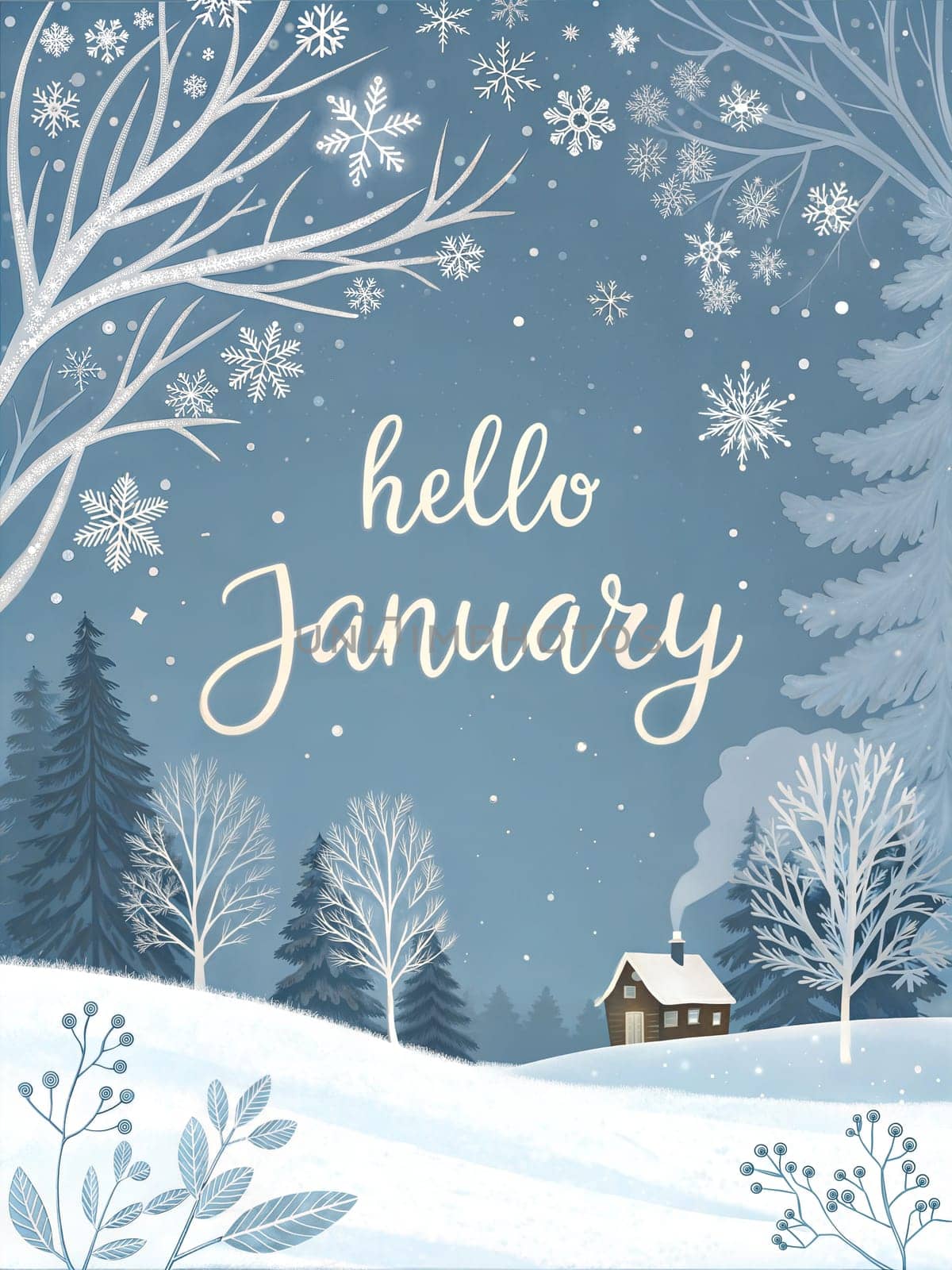 Hello January, welcome january typography. Cozy illustration for greetings card, calendar name, or month name. ai generated
