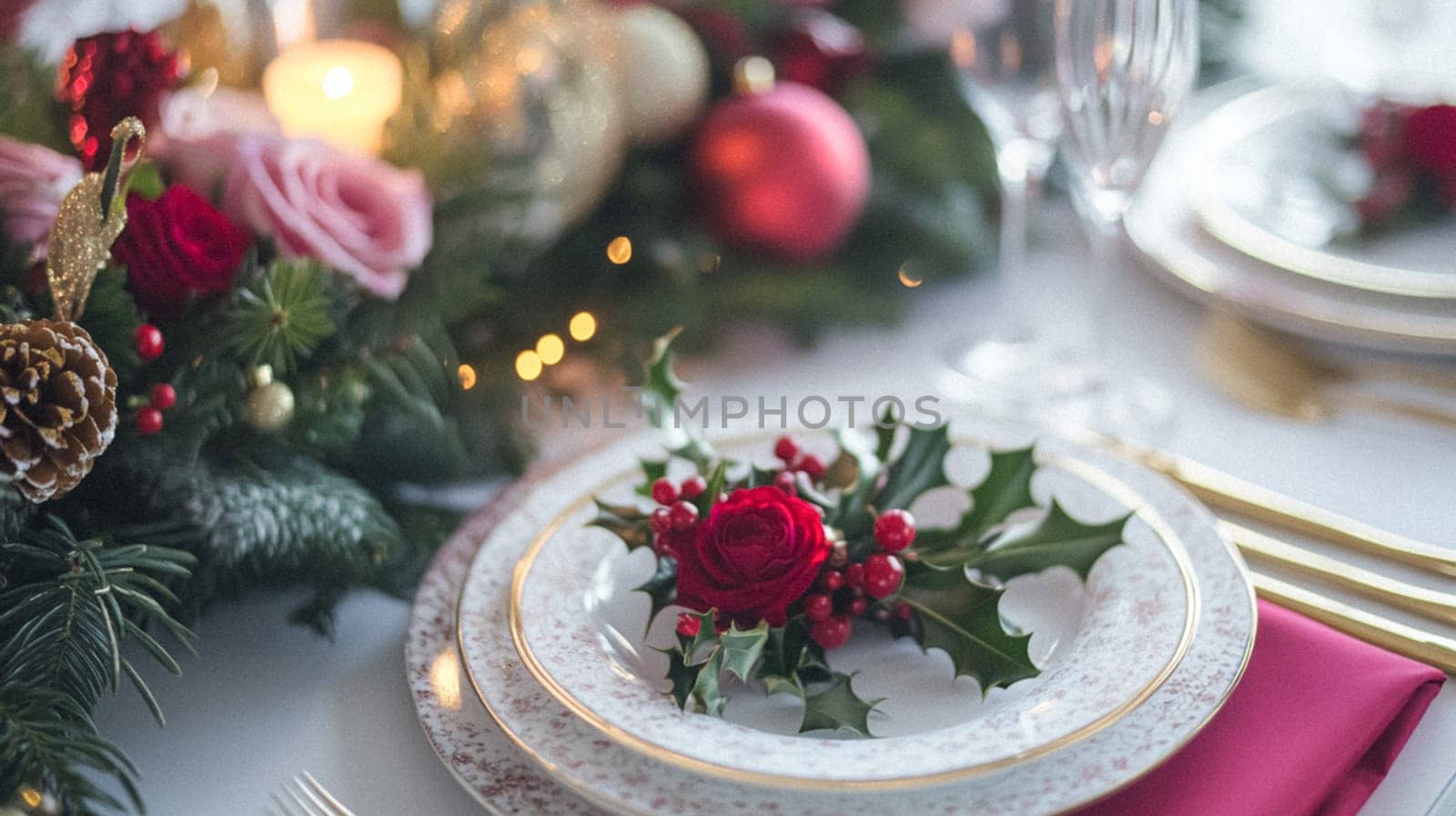 Christmas tablescape decoration, formal family dinner holiday celebration, luxury table setting decor, English country and home style idea