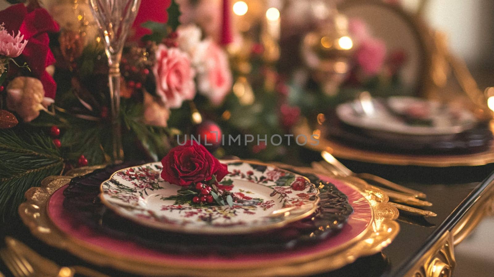 Christmas tablescape decoration, formal family dinner holiday celebration, luxury table setting decor, English country and home style idea