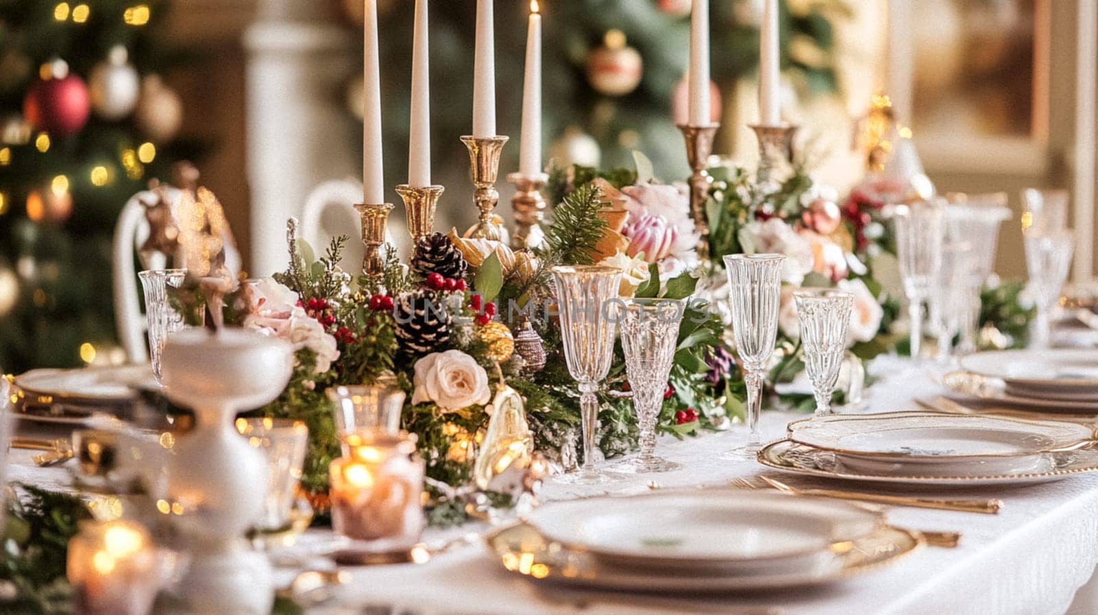 Christmas tablescape decoration, formal family dinner holiday celebration, luxury table setting decor, English country and home style idea