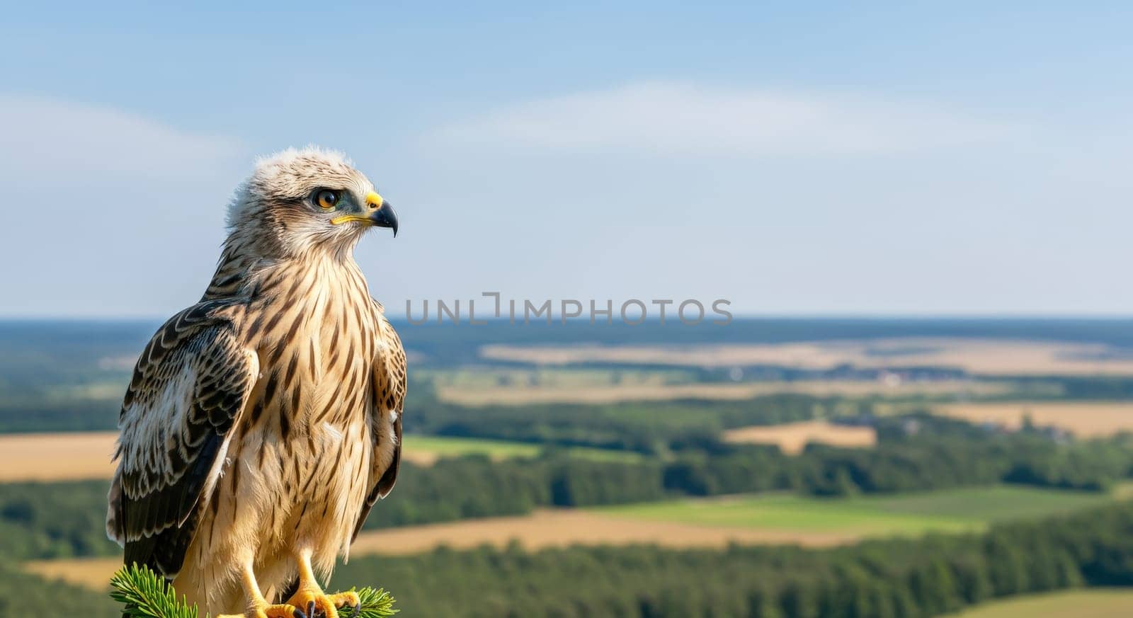 A majestic hawk perches on a branch against a backdrop of a sprawling green landscape under a clear blue sky. the vivid foliage and open fields convey a sense of freedom and natural beauty.