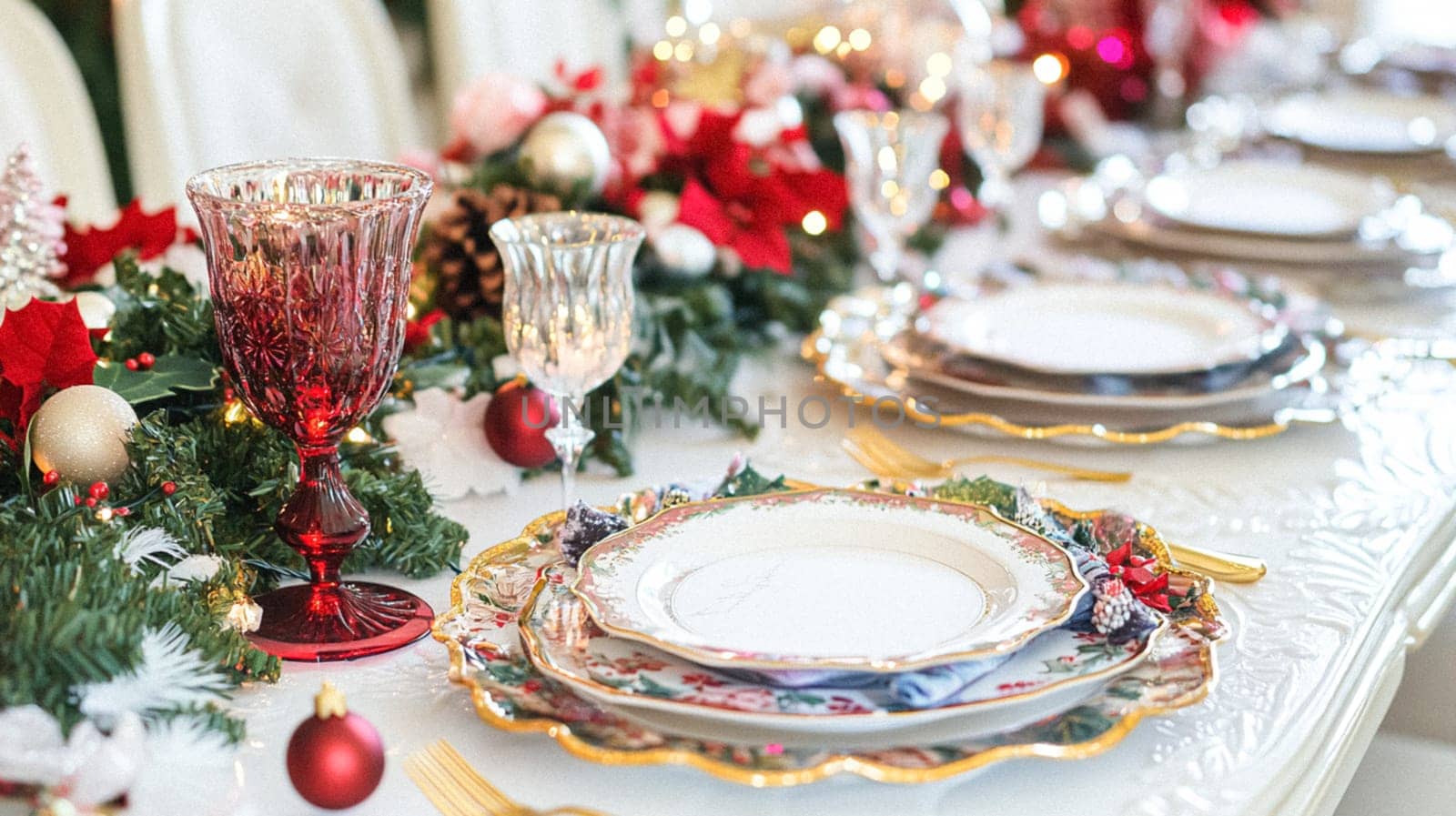Christmas tablescape decoration, formal family dinner holiday celebration, luxury table setting decor, English country and home style idea