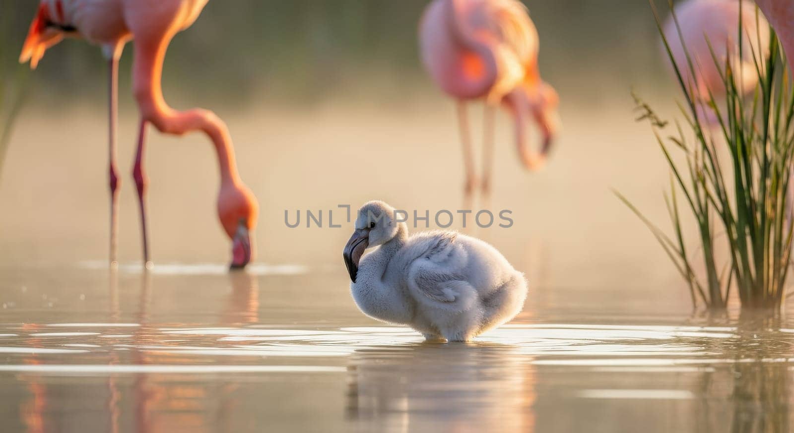 Flamingos and a fluffy chick wading in calm, reflective waters at sunrise, surrounded by soft light and tall reeds. the peaceful atmosphere highlights the gentle interaction of nature and wildlife.
