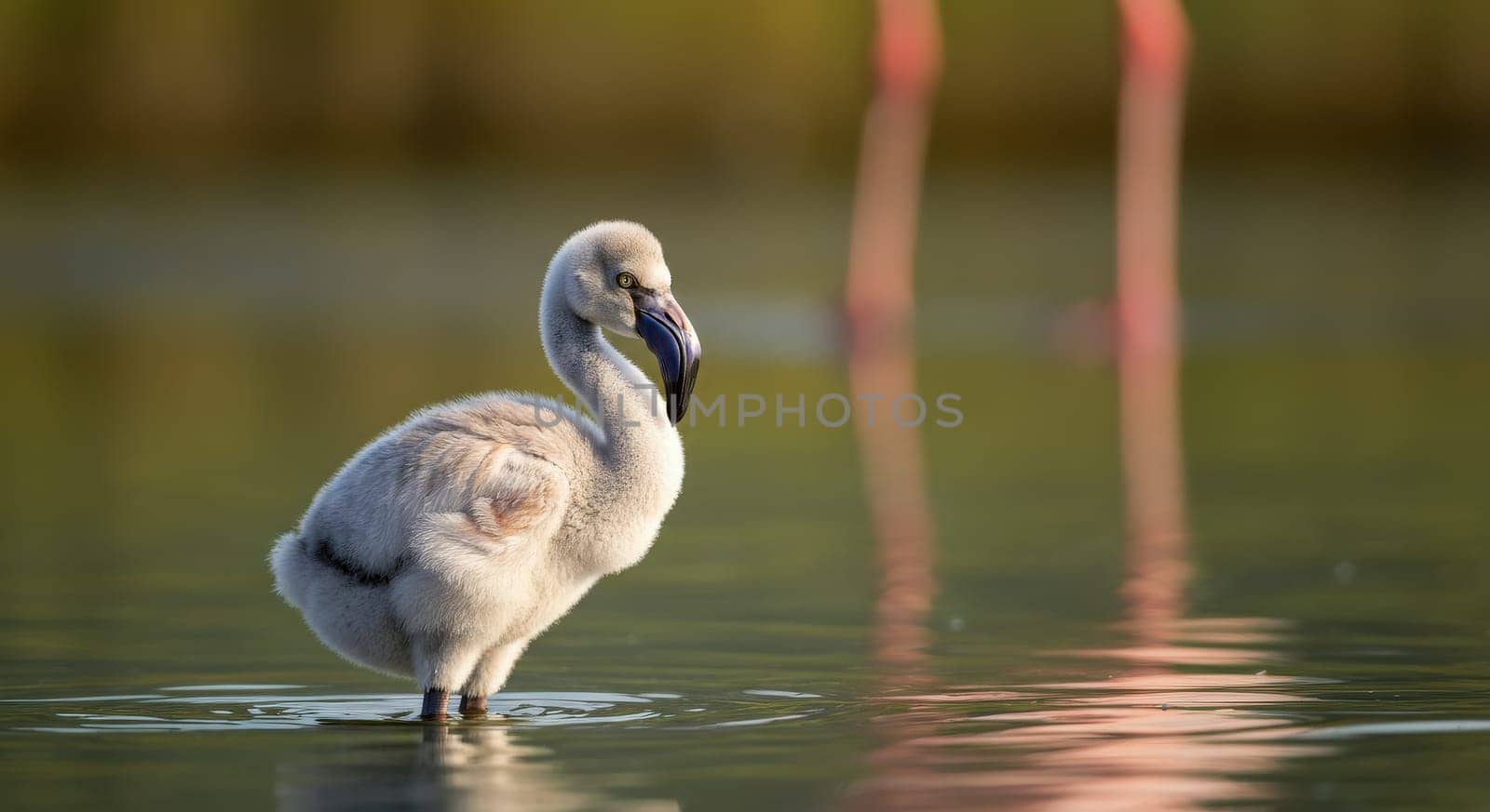 A juvenile flamingo stands gracefully in shallow water, bathed in the warm light of sunrise. the blurred background features tall flamingo legs, the young bird's vibrant environment and natural habitat.