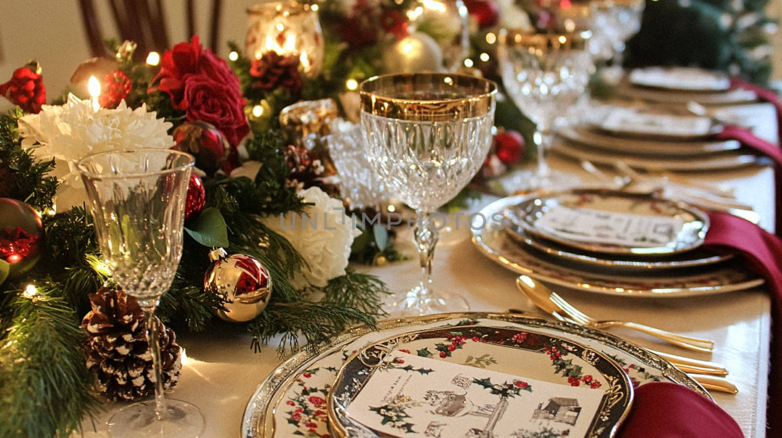 Christmas tablescape decoration, formal family dinner holiday celebration, luxury table setting decor, English country and home style idea