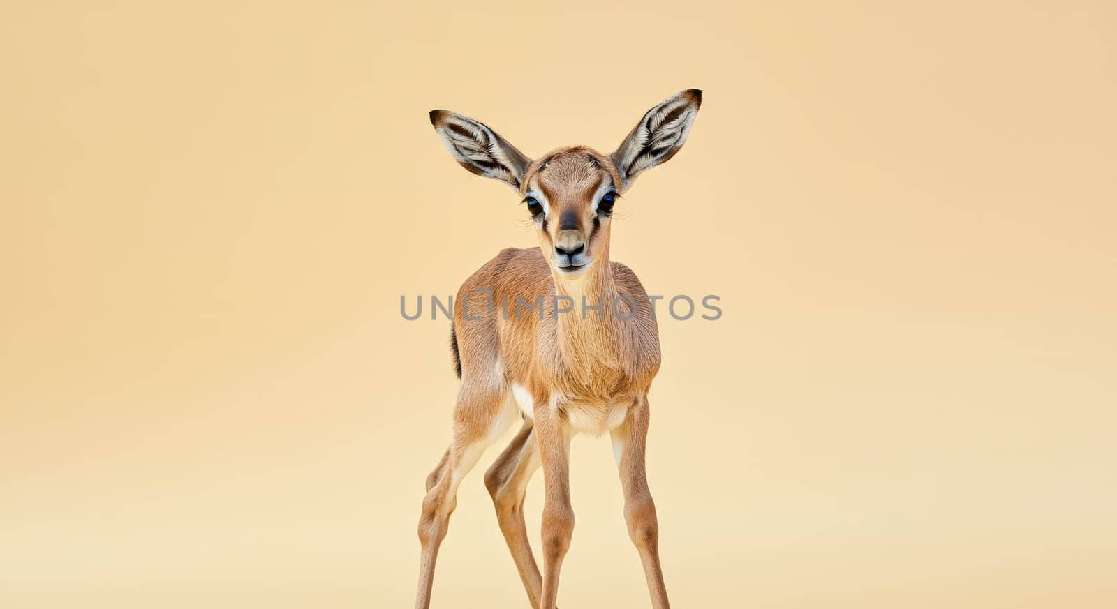 An adorable young impala calf stands gracefully in a serene pastel backdrop. its alert eyes and slender limbs highlight the delicate essence of wildlife, evoking themes of nature conservation and innocence.