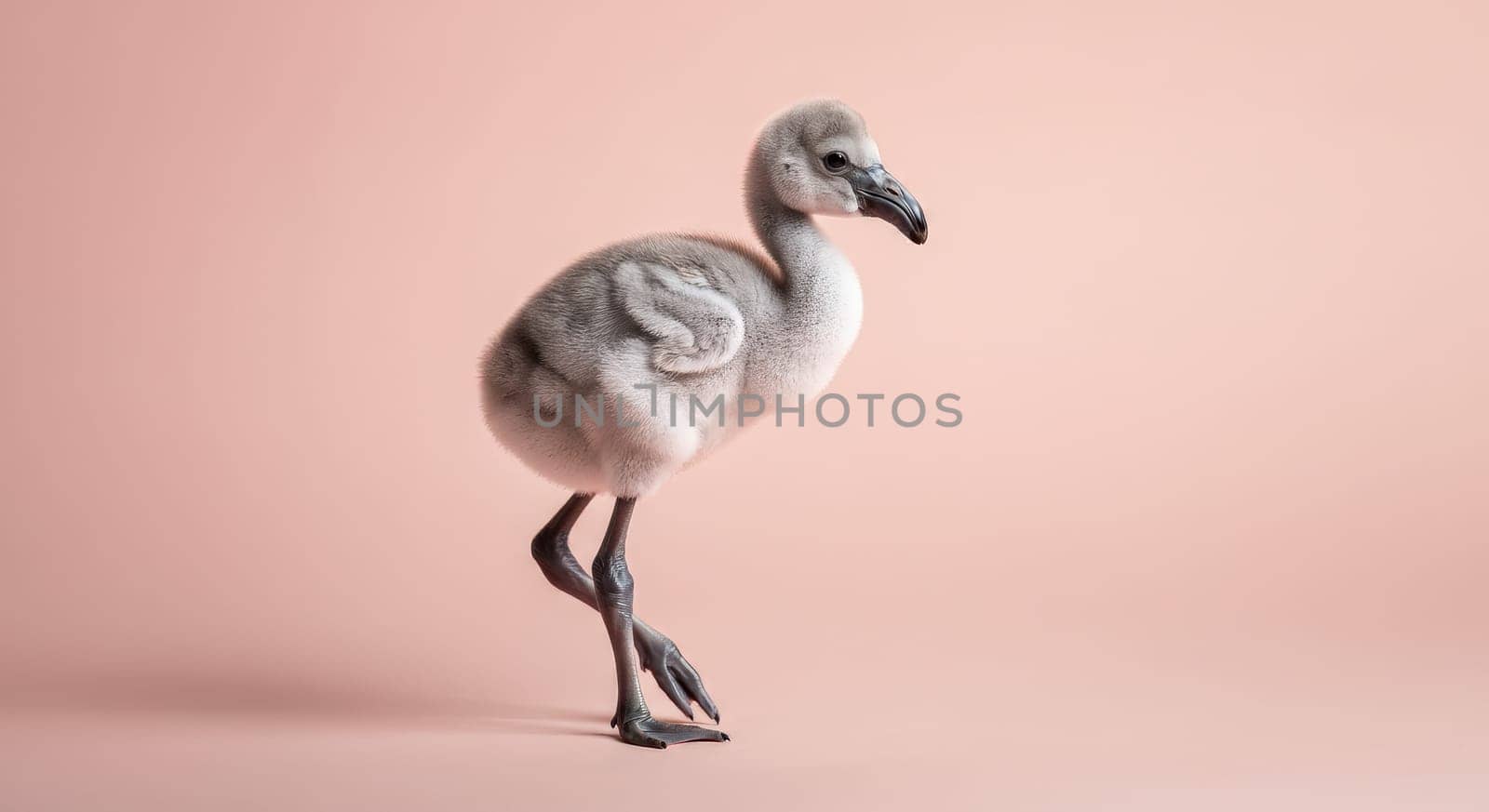 A fluffy baby flamingo chick stands gracefully on a soft pastel background, its delicate features and vibrant personality. ideal for animal design and nature-themed projects.