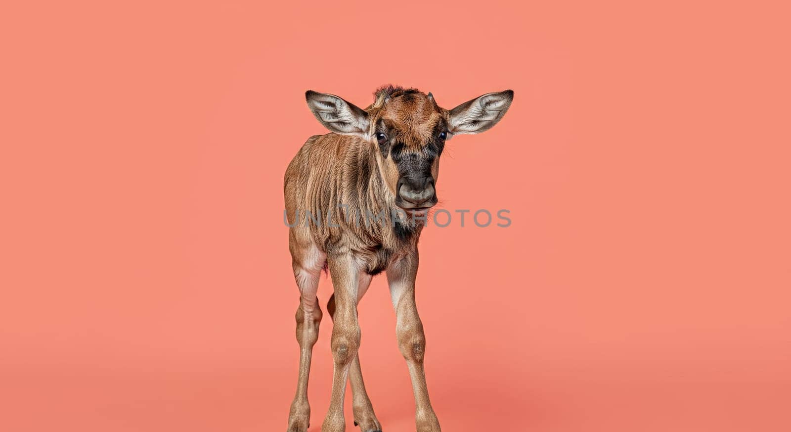 A curious calf stands against a vibrant coral background, showcasing its youthful features and soft brown fur. perfect for creative designs, this image highlights the innocence and charm of a young animal in a minimalistic setting.