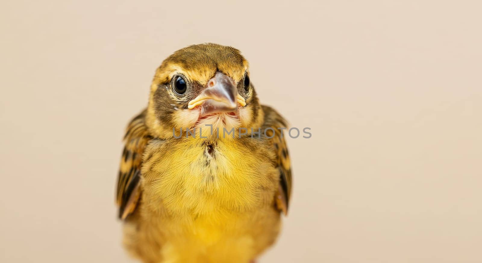 A detailed close-up of a small songbird with intricate feather patterns. the bird's light brown and yellow plumage is striking against a neutral backdrop. the image highlights the bird's expressive eyes and distinct beak.