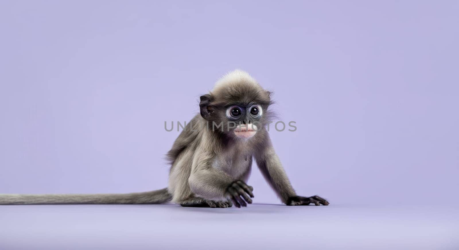 A young langur with expressive eyes and a distinctive fur pattern sits against a soft purple backdrop. the curious expression and gentle lighting highlight its delicate features, perfect for wildlife and nature themes.