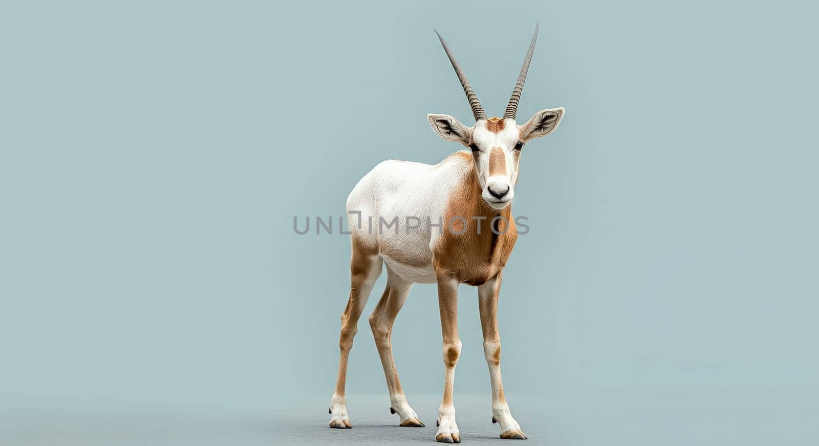 A scimitar oryx stands majestically against a soft blue backdrop, showcasing its long distinctive horns and sleek coat. the minimalist setting enhances its elegant posture and serene presence, the beauty of this desert antelope.