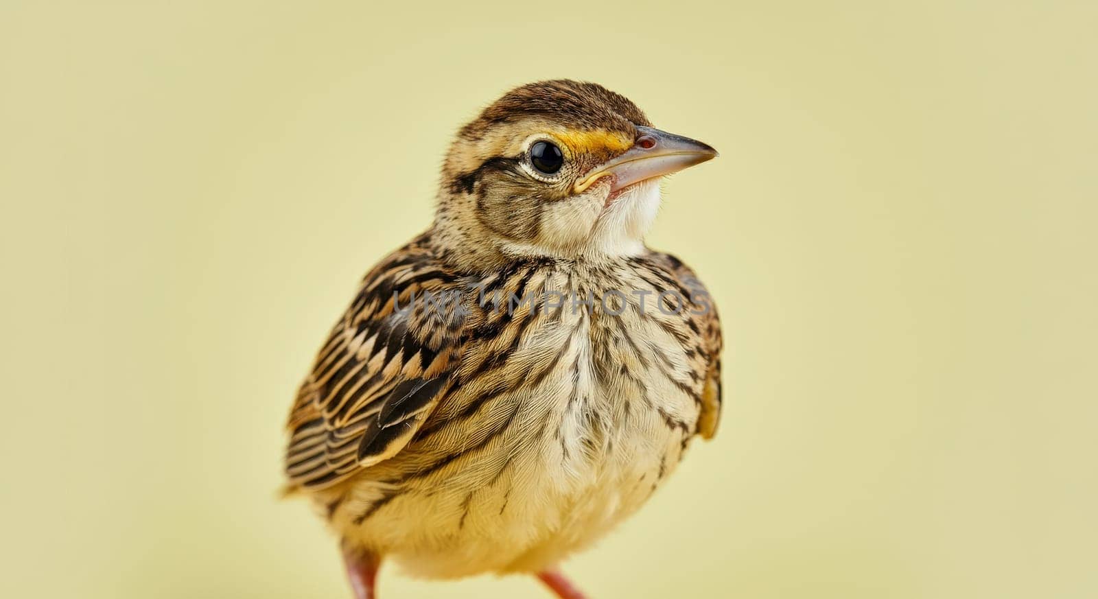 A juvenile sparrows lark stands out against a soft yellow background. its intricate feather patterns are highlighted, showing a blend of brown, black, and cream hues. the bird's small size and delicate features evoke a sense of curiosity and calm.